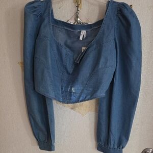 Blue Puff Sleeve Crop Blouse